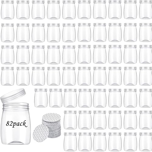 Mini Pudding Jars 82Pack, 6oz/170ml Plastic Favor Jar with Lids, Candy jars,Yogurt Containers with Pressure Sensitive Seal, Mason Jar,Jam,Bath Salt Jars Wedding Favors Honey Pot - color: Plastic-82Pack-Clear