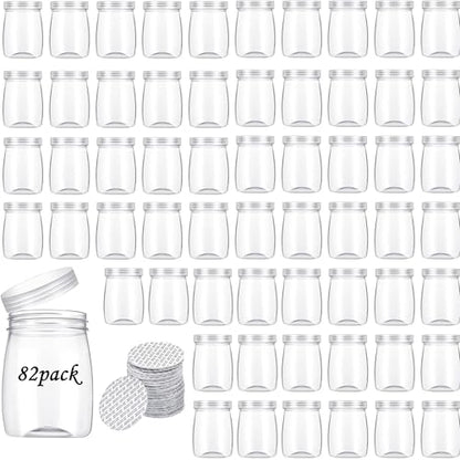 Mini Pudding Jars 82Pack, 6oz/170ml Plastic Favor Jar with Lids, Candy jars,Yogurt Containers with Pressure Sensitive Seal, Mason Jar,Jam,Bath Salt Jars Wedding Favors Honey Pot - color: Plastic-82Pack-Clear
