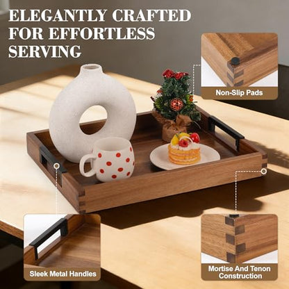 Large Ottoman Tray for Living Room and Coffee Table, Decorative Acacia Wood Serving Tray with Metal Handles for Breakfast in Bed, Dinner Food Kitchen TV (Natural, 20" x 14" x 2") - size: 20" x 14" x 2"