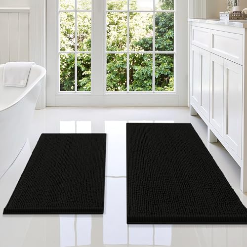 Smiry Chenille Bathroom Rugs Sets 2 Piece (36x24+30x20, Black) | Soft Absorbent Machine Washable Non Slip Shaggy Bath Rug Set for Tub, Shower, and Floor, Home Decor - color: Black, size: 36"X24"+30"X20"