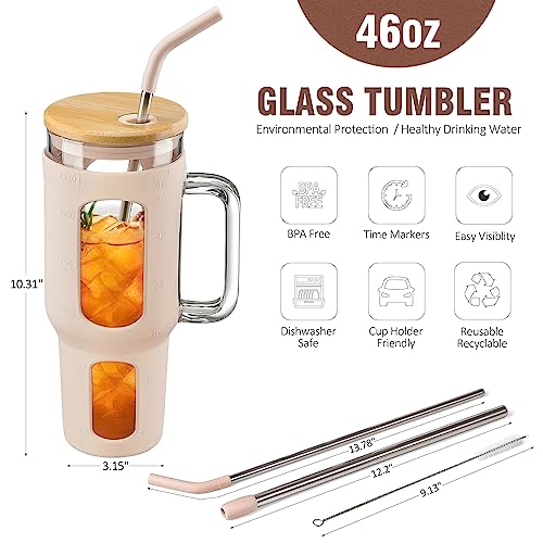 WINSA Glass Tumbler with Lid and Straw, 46 oz, Amber | Iced Coffee Cup with Handle, Large Water Bottle with Silicone Sleeve, Pearl Straw & Drinking Straw, BPA Free - color: Amber, size: 46 Ounces