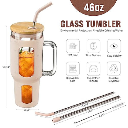 WINSA Glass Tumbler with Lid and Straw, 46 oz, Amber | Iced Coffee Cup with Handle, Large Water Bottle with Silicone Sleeve, Pearl Straw & Drinking Straw, BPA Free - color: Amber, size: 46 Ounces
