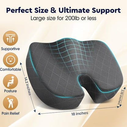 Seat Cushion - Memory Foam Sitting Pillow for Office Chair, Car Seat, Airplane, Bleacher - Sciatica & Hip & Coccyx Pain Relief Desk Chair Cushion for Long Sitting Office Workers, Car Drivers | for Car Seat, Airplane, Desk Chair - Sciatica & Hip & Coccyx P