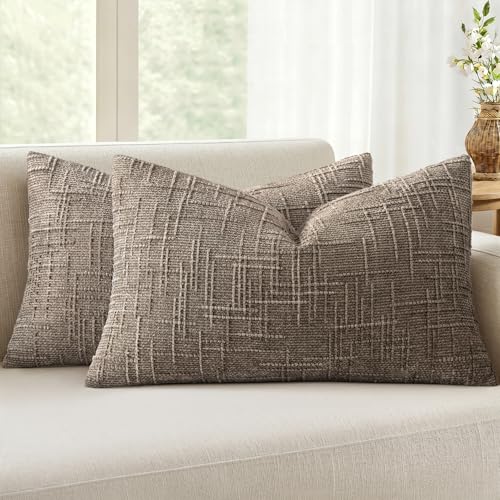MIULEE Chenille Textured Lumbar Throw Pillow Covers Taupe Grey 12x20 | Set of 2, Slubby Decorative Pillows, Fall Boho Farmhouse Decor, Modern Neutral Cushion Covers for Couch Sofa Bed Living Room - color: Taupe Grey, size: 20" x 12" (Pack of 2)