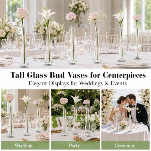 Lallisa Set of 18 Tall Glass Bud Vases for Centerpieces,9.84" H | Bud Vase Bulk, Single Flower Vases, Slim Waist Profile, Slanted Rim Design, Wedding Table Decor, Event Centerpieces