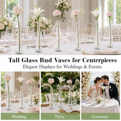 Lallisa Set of 18 Tall Glass Bud Vases for Centerpieces,9.84" H | Bud Vase Bulk, Single Flower Vases, Slim Waist Profile, Slanted Rim Design, Wedding Table Decor, Event Centerpieces