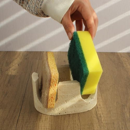 Natural Travertine Marble 2-Slot Sponge Holder for Kitchen Counter, 2-in-1 Stone Drying Rack, Sponge Caddy for Sink Organizer - Beige Travertine - color: Beige Travertine