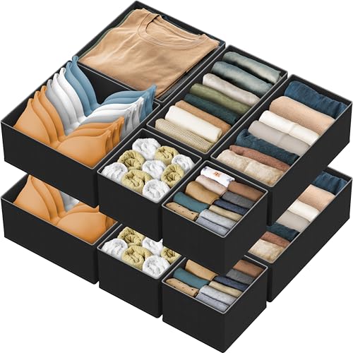 Simple Houseware Foldable Drawer Organizer Stocking Bin, Set of 12, Black | Fabric Storage Bins for Clothes, Underwear, Bra, Panty, Socks, Onesies – Closet & Dresser Dividers for Home - color: Black, size: Set of 12 - 4L / 4M / 4S