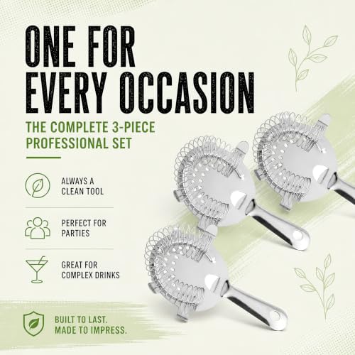 Hawthorne Strainer for Cocktails - Professional Bar Strainer - 4 Prong Design - Bartender Strainer for Shaker - Use for Cocktail Shakers with Strainer - Stainless Steel Strainer Set - 3 Pack