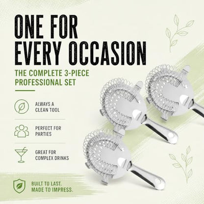 Hawthorne Strainer for Cocktails - Professional Bar Strainer - 4 Prong Design - Bartender Strainer for Shaker - Use for Cocktail Shakers with Strainer - Stainless Steel Strainer Set - 3 Pack