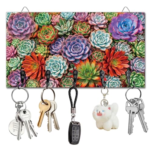 Succulents Key Holder Key Hooks Organizer Hanger Rack Wall Mounted Wooden Key Rack with 5 Key Hooks for Home Entryway Front Door Kitchen Hallway Bedroom Wall Decorative Key Storage - color: Succulents