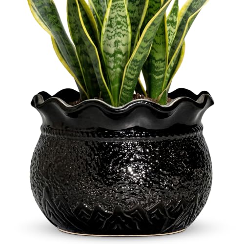 Ceramic Planters for Plants, 10 Inch Flower Pots, Black | Unique Large Plant Pot for Indoor, Round Decorative Planter with Drainage Hole, Shelf Porch Decor, Plant Lover Gifts - color: Black, size: 10 Inch