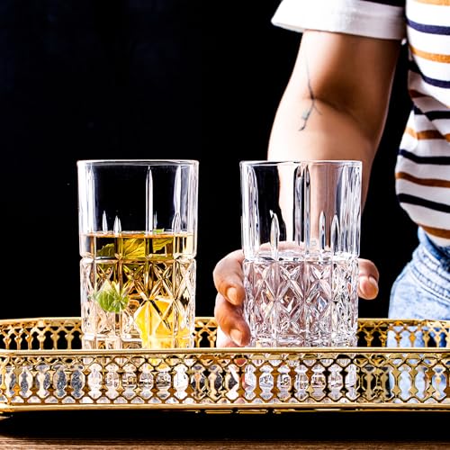 Tall Highball Glasses Set of 6, 14 Ounce Cups, Textured Designer Glassware for Drinking Water, Beer, or Soda, Trendy and Elegant Dishware, Dishwasher Safe - style: Style C