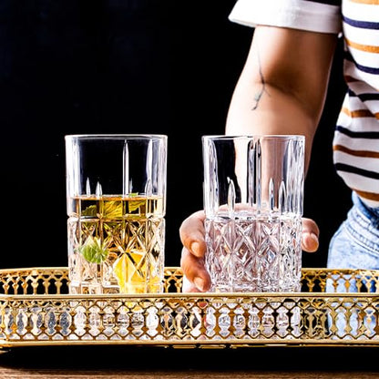 Tall Highball Glasses Set of 6, 14 Ounce Cups, Textured Designer Glassware for Drinking Water, Beer, or Soda, Trendy and Elegant Dishware, Dishwasher Safe - style: Style C