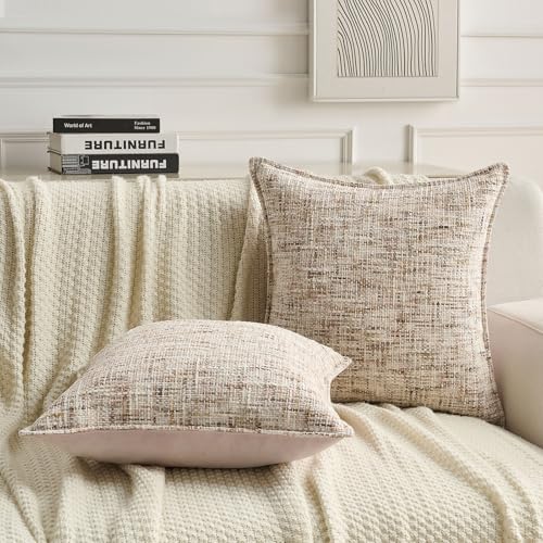 FUTEI Pack of 2 Tweed Chenille Throw Pillow Covers 18x18 Inch, Beige Brown | Premium Chenille Front/ Smooth Velvet Back,Hidden Zipper,Machine Washable,Pilling-Resistant,Colorfast, Insert Not Included. - color: Beige Brown, size: 18" x 18" (Pack of 2)