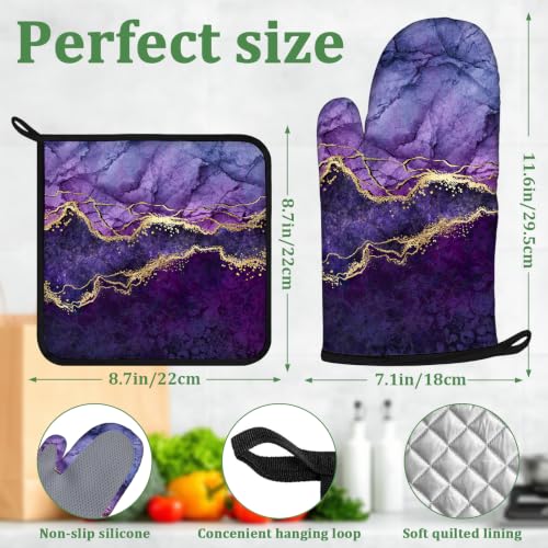Purple Gold Marble Oven Mitts and Pot Holders Sets 4 Pcs Silicone Kitchen Gloves Heat Resistant Potholders for Baking Grilling BBQ - color: Purple Marble