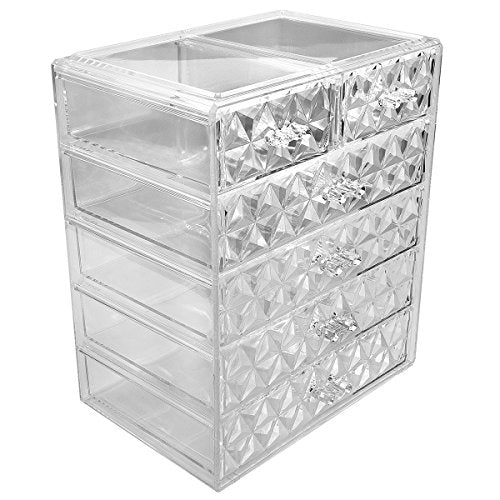 Sorbus Acrylic Makeup Organizer Set, 6-Drawer Vanity & Countertop Cosmetic Storage with Small & Wide Drawers, Diamond Makeup Storage for Brushes, Lipsticks, Jewelry – Holiday Gift for Women & Teens - color: Diamond, style: 4 Large, 2 Small Drawers