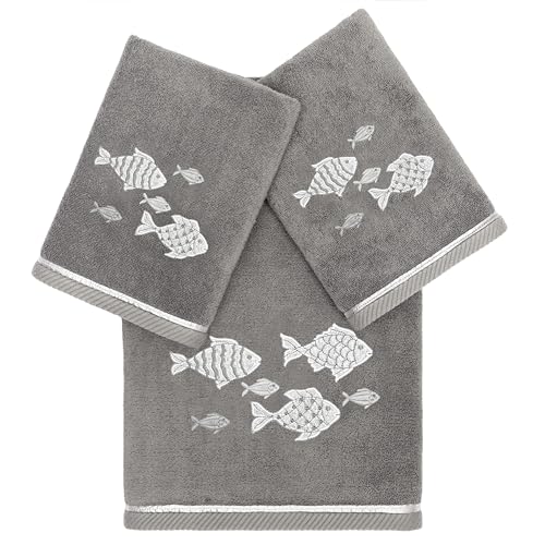 Treasure 3-Piece Towel Set, Embroidered Fish Design, 100% Turkish Cotton, Luxuriously Soft & Absorbent, Elegant Coastal Decor, 1 Bath 2 Hand Towels, Charcoal - color: Charcoal, size: 1 Pc Bath 2 Pcs Hand Towel
