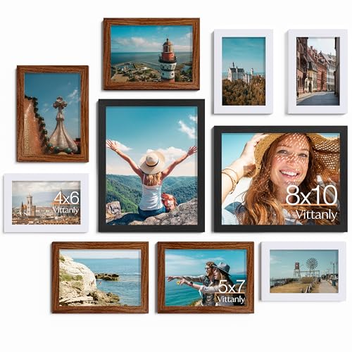 Vittanly 10 Pack Gallery Wall Frame Set, Black, Walnut Brown, White | Gallery Wall Frame Set: 2pcs 8x10, 4pcs 5x7 & 4pcs 4x6 Photos for Wall & Table, Picture Frames made of Engineered Wood - color: Black & Walnut Brown & White