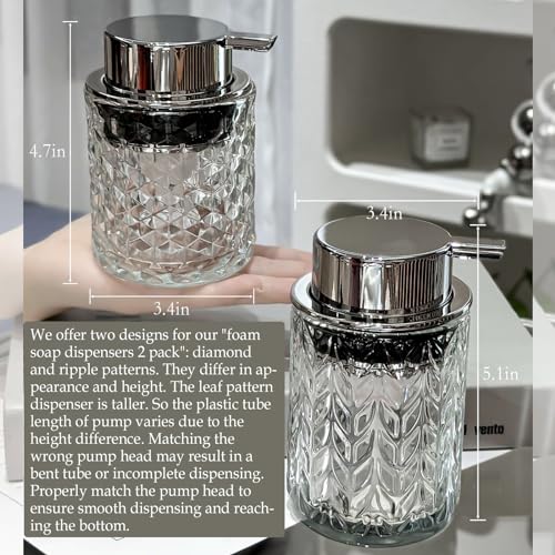 CICUFY Foaming Hand Soap Dispenser, Glass Foam Soap Dispenser or Lotion Dispenser for Kitchen & Bathroom Refillable Clear Glass Liquid soap Dispenser with Large Silver Pump-1 Pack - color: Clear-1 Pcs, style: Foam/Diamond Pattern/Silver Top
