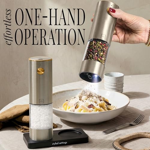 Styled Settings Electric Salt and Pepper Grinder Set Rechargeable, Silver | Electric Salt and Pepper Shaker Set with USB-C Port, LED Light, Adjustable Coarseness, One Touch Control, Automatic Grinder - color: Silver