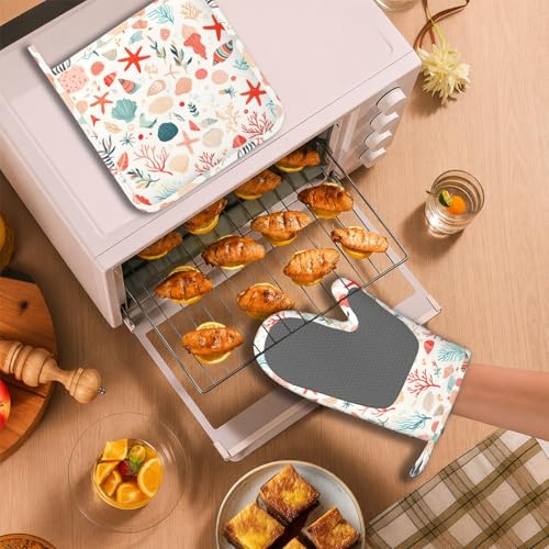 Cartoon Starfish and Shells Oven Mitts and Pot Holders Sets Silicone Kitchen Mitts Potholders Heat Resistant Oven Gloves Hot Pads for Kitchen Baking Cooking BBQ - color: Cartoon Starfish and Shells