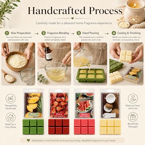 Summer Fruity Aroma Soy Wax Melts Set of 4,Each 85g = 3 oz Pineapple, Watermelon, Strawberry, Coconut Natural Scented Wax Tarts, Fragrance Diffusing Wax for Daily Use, Great for DIY Candle Making.