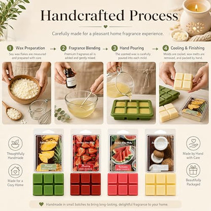 Summer Fruity Aroma Soy Wax Melts Set of 4,Each 85g = 3 oz Pineapple, Watermelon, Strawberry, Coconut Natural Scented Wax Tarts, Fragrance Diffusing Wax for Daily Use, Great for DIY Candle Making.