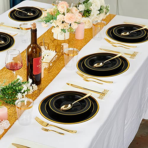 50PCS 12oz Black Disposable Plastic Soup Bowls with Gold Rim | Plastic Bowls for Christmas Thanksgiving Premium Disposable Soup Dessert Salad Bowls for Wedding/Party/Halloween - color: Black, style: 50Count