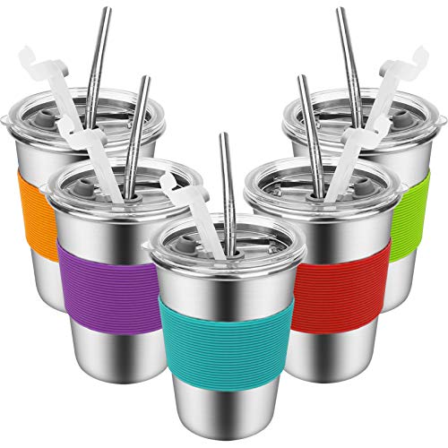 Yummy Sam Stainless Steel Cups with Straws and Lids,12oz Spill-proof Kids Tumblers Dishwasher Safe, Unbreakable Metal Toddler Cups with Heat-insulated Sleeves for Cold Drinks, 5 Pack - color: 12oz with Stainless Steel Straws, 5PCS