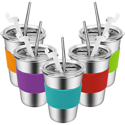 Yummy Sam Stainless Steel Cups with Straws and Lids,12oz Spill-proof Kids Tumblers Dishwasher Safe, Unbreakable Metal Toddler Cups with Heat-insulated Sleeves for Cold Drinks, 5 Pack - color: 12oz with Stainless Steel Straws, 5PCS