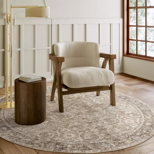 Machine Washable Rugs for Living Room: 4x4 Area Rugs for Bedroom | Ultra Soft,Non-Slip,Low Pile,Vintage Distress,Boho,Large,Carpet,High-Traffic,Dining Room,Nursery,Farmhouse Decor - color: Brown/Camel/Multi, size: 4' (Round)