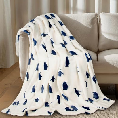 MACEVIA Flannel Fleece Penguin Throw Blanket, Cute & Soft for Bed, Sofa, Travel & Camping, 260GSM (Navy, 50"x60") - color: Penguin Print Navy, size: Flannel Fleece (50x60 IN)