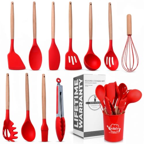 12 Pcs Red Kitchen Utensils Set with Holder – Versatile Silicone Utensils Set for Cooking and Baking, Gentle on Pots and Pans, Heat-Resistant, Stylish, Easy to Clean, Red Kitchen Accessories - color: Red