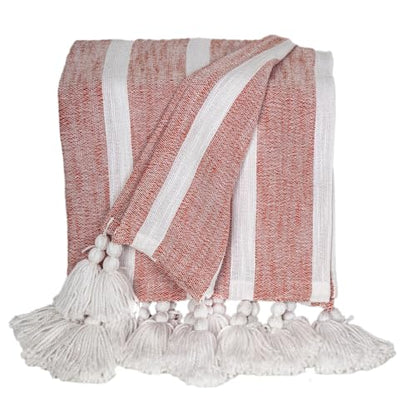 HomeRoots 50" X 60" Rust Woven Cotton Striped Throw Blanket with Tassels