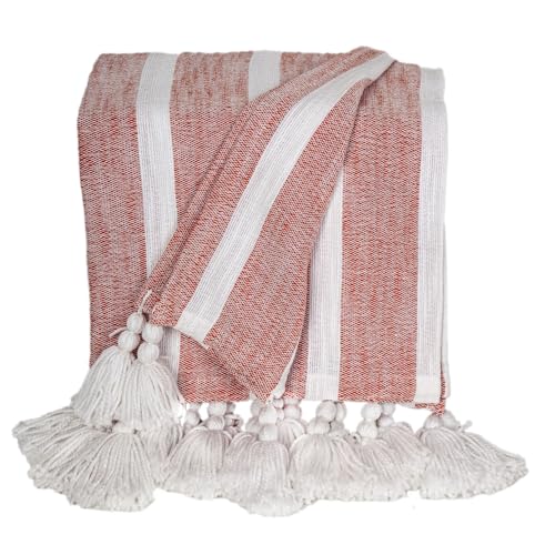 HomeRoots 50" X 60" Rust Woven Cotton Striped Throw Blanket with Tassels