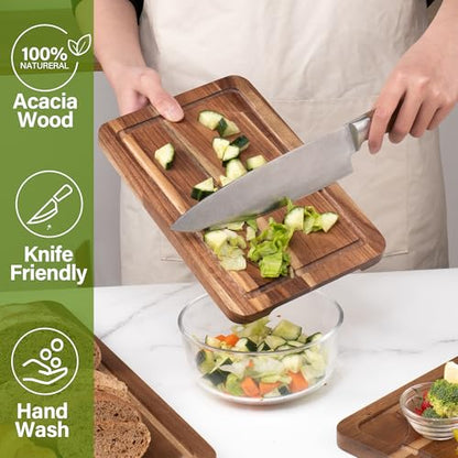 WILLKOMMEN Acacia Wood Cutting Board Set for Kitchen, 3-Piece Chopping Boards with Stand & Juice Groove & Handles, Heavy Duty Wooden Butcher Block for Meat, Vegetables (Small, Medium, Large) - color: Acacia Wood Set of 3