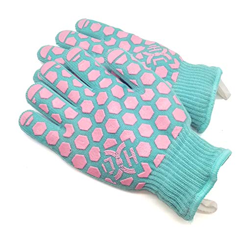 J H Heat Resistant Oven Glove: EN407 Certified 932 °F BBQ & Oven Mitts for Grlling, Baking, Kitchen, Camping,Fireplace Indoor&Outdoor 1 Pair - color: Turquoise Shell With Pink Coating