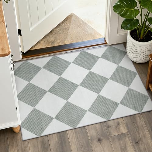 Beeiva Checkered Print Indoor Door Mats for Entryway, 2x3 Washable Bathroom Rug Non Slip Soft Small Rug for Bedroom Ultra Thin, Moroccan Trellis Carpet for Laundry Kicthen Decor (Green/White) - color: Green/White, size: 2' x 3' (Rectangular)