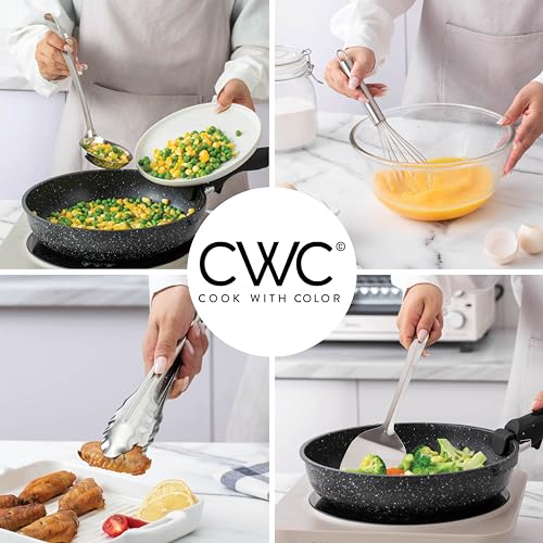 COOK WITH COLOR Kitchen Utensil Set - premium Nonstick & Heat Resistant Kitchen Gadgets, Turner, Spaghetti Server, Serving Spoons, Whisk, Tongs, Masher & Utensil Holder, 10-piece Stainless Steel - color: Stainless Steel