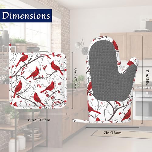 Cardinal Birds Pot Holders and Oven Mitts Set Silicone Bird Red Berry Kitchen Gloves Potholders Heat Resistant Washable,Chef Cooking Baking Gifts for Women Men Bakers Lover Cooks - color: Cardinal Birds,bird Red Berry