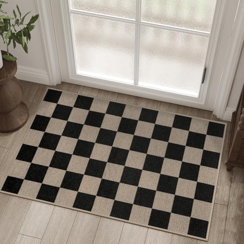Easy Jute Checkered Entryway Rug, 2x3 Black Modern Indoor Outdoor Doormat, Washable Non-Slip Small Kitchen Rug Farmhouse Checkerboard Throw Rugs for Entrance Bedroom Bathroom - color: Black Checkered, size: 2' x 3' (Rectangular)