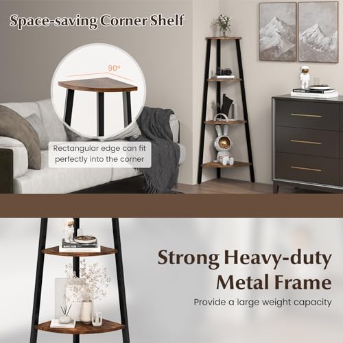 GIANTEX Corner Shelf, 4-Tier Industrial Corner Bookshelf with Metal Frame, Rustic Corner Bookcase Storage Shelves Rack, Tall Wood Corner Shelf Plant Stand for Bedroom Living Room (Rustic Brown)