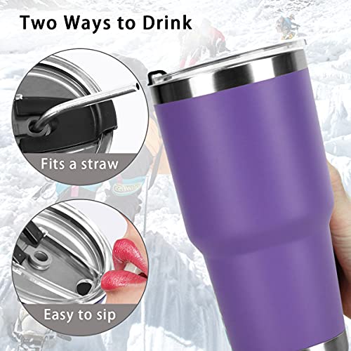SYACOT 30oz Tumbler Double Wall Stainless Steel Vacuum Insulated Travel Mug with Splash-Proof Lid Metal Straw and Brush - color: Purple-30oz