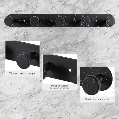Coat Hooks Wall Mounted , Black Coat Rack with 5 Hooks, Adhesive Or Screw | Heavy Duty Coat Hanger Towel Hooks, 2 Install Options, For Towels, Coats, Hats, Bags, Bathroom, Kitchen, Door - style: "O" shape