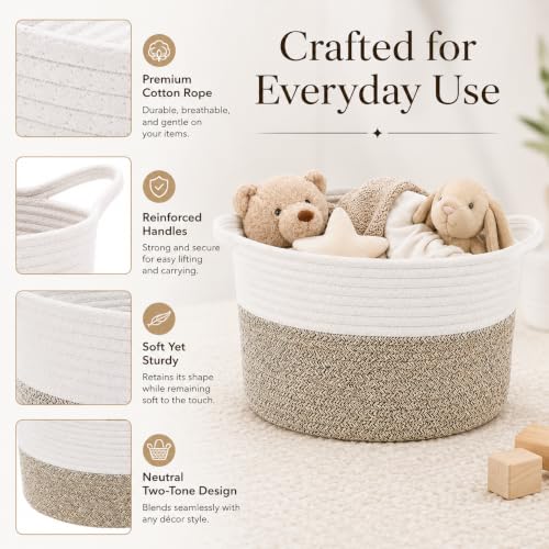 Woven Storage Baskets for Organizing - 1 Piece Cotton Rope & Handwoven Cattail Decorative Bins with Reinforced Handles, Nesting Nursery Basket Set for Closet, Shelf, Toys, and Towels