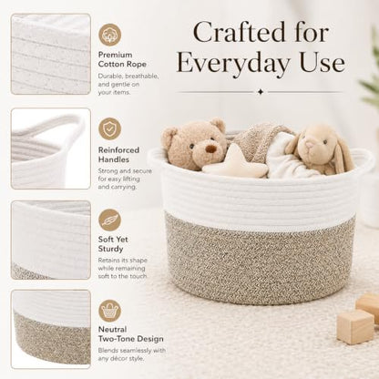 Woven Storage Baskets for Organizing - 1 Piece Cotton Rope & Handwoven Cattail Decorative Bins with Reinforced Handles, Nesting Nursery Basket Set for Closet, Shelf, Toys, and Towels