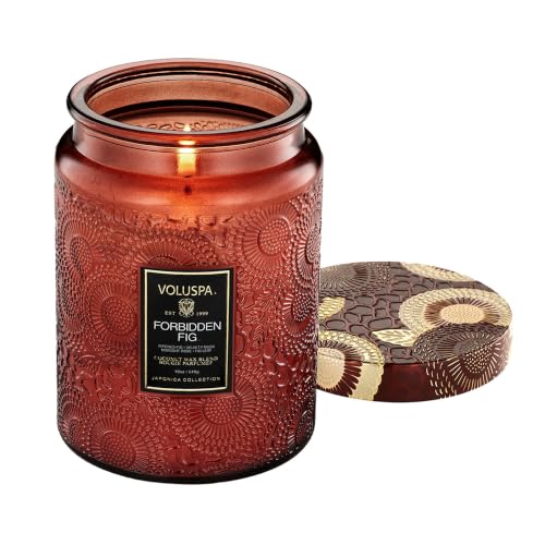 Voluspa Forbidden Fig Large Scented Candle Jar 18 Oz, 100 Hr Burn | Coconut Wax Blend in Decorative Glass, Clean Even Burn, USA Handcrafted Gift for Hosts, Fragrance Lovers & Relaxed Rooms - color: 10 - Forbidden Fig