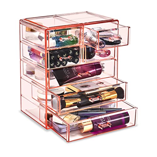 Sorbus Acrylic Makeup Organizer Set, 7-Drawer Vanity & Countertop Cosmetic Storage with Small & Wide Drawers, Pink Makeup Storage for Brushes, Lipsticks, Jewelry – Holiday Gift for Women & Teens - color: Pink, style: 3 Large, 4 Small Drawers