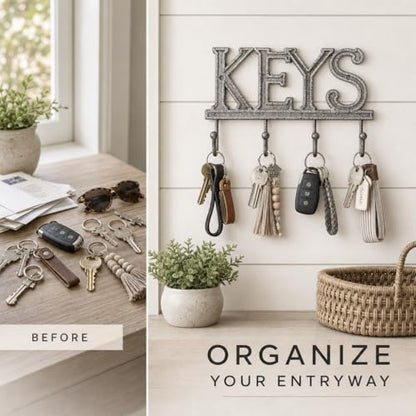 Comfify Gray Cast Iron Key Holder for Wall – Keys Sign with 4 Hooks | Neutral gray versatile finish; mounting hardware included; entryway, hallway or door; 6"H x 8"L; holds 8 keychains - color: Gray